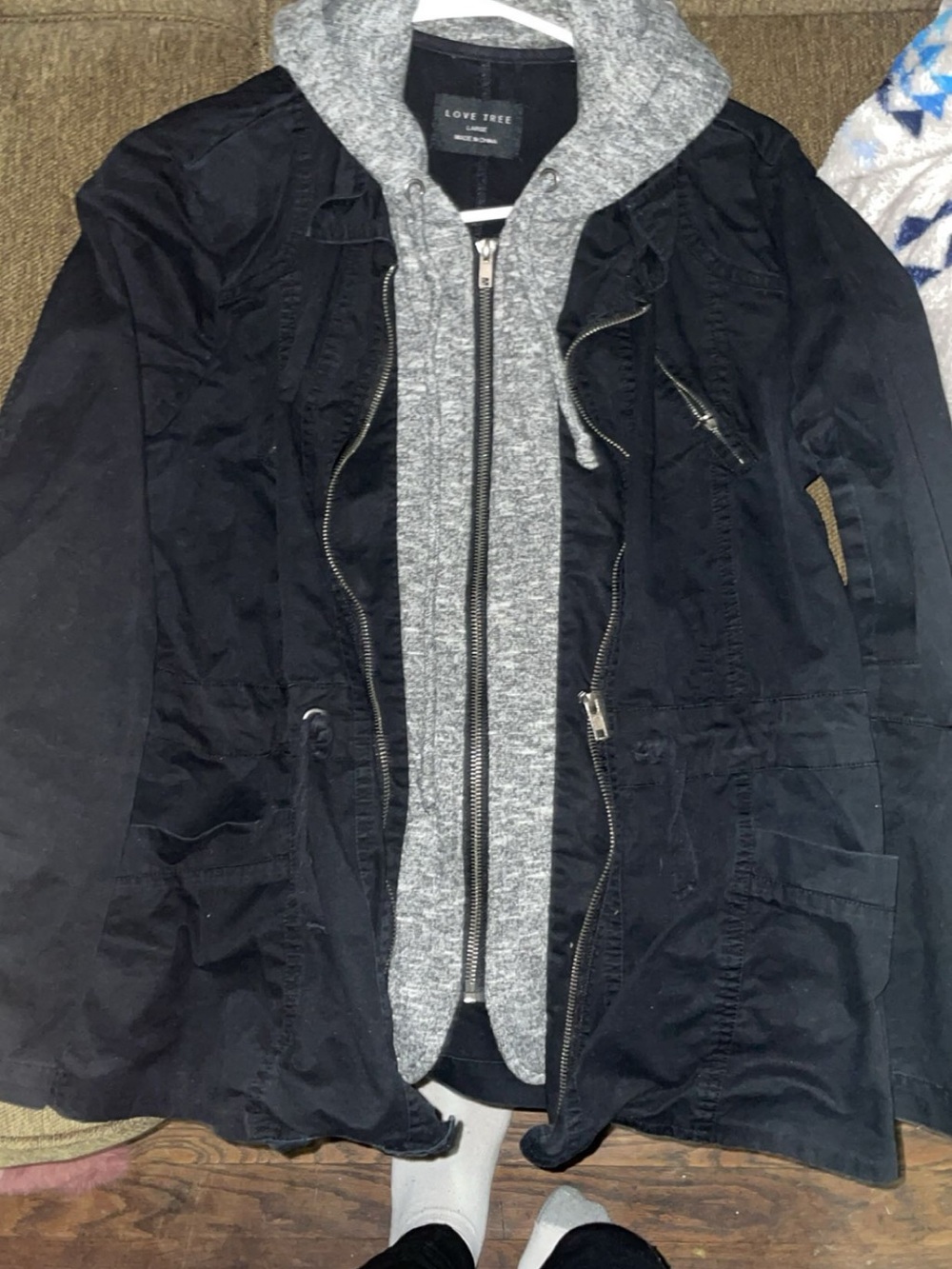 Love Tree Black Jacket with Gray Zip-In Hood